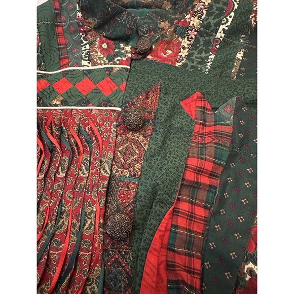 Handmade Patchwork Christmas Quilted Jacket Button Front Lined Green Red - Picture 12 of 16